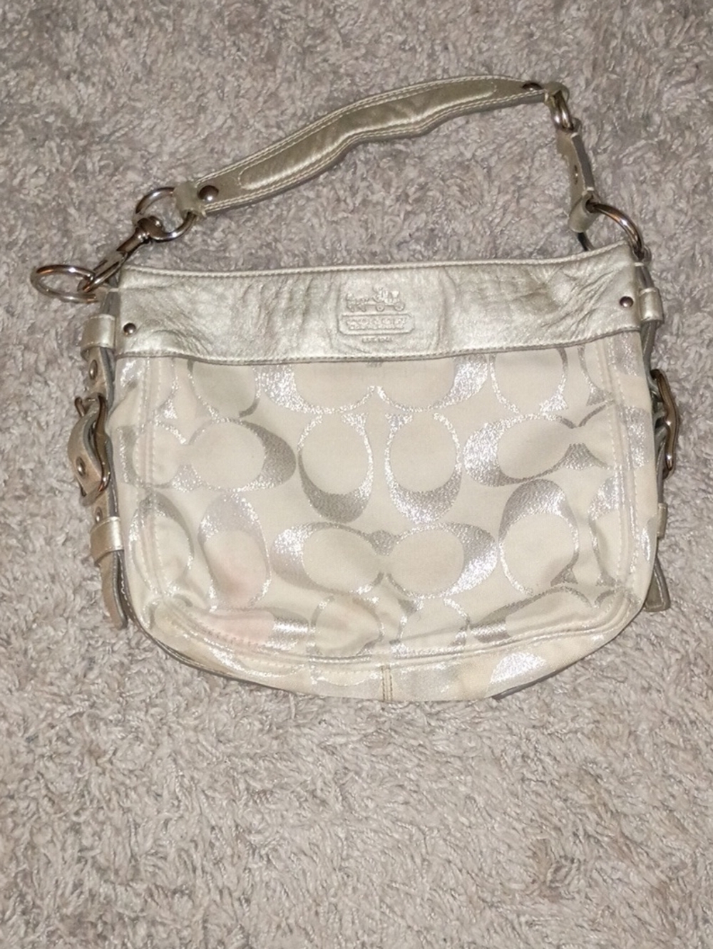 Coach Cream and Metallic Silver Signature Shoulder Bag